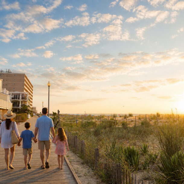 Family enjoying an early summer morning walk along the Rehoboth Beach boardwalk near Beach View Hotel