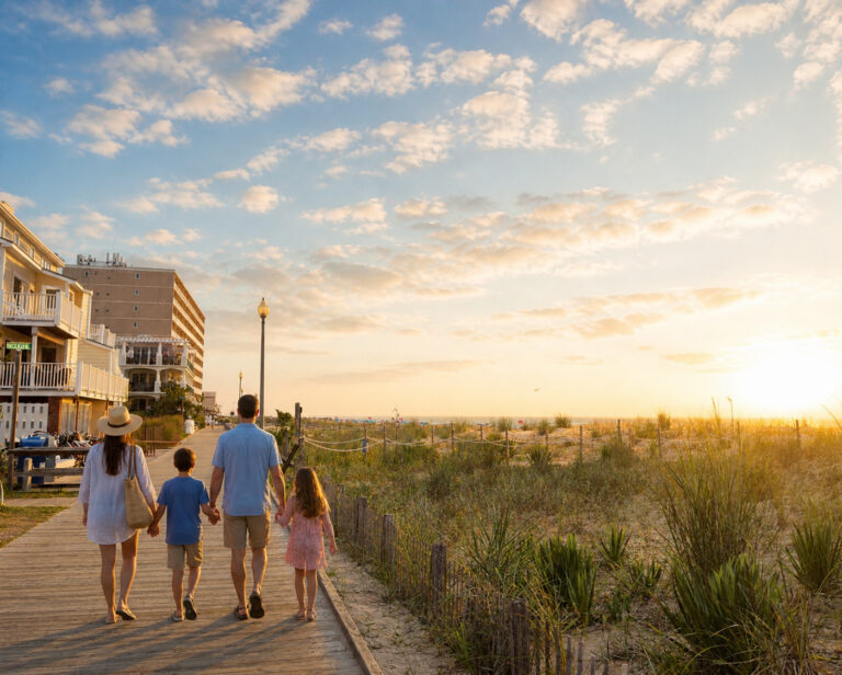 Family enjoying an early summer morning walk along the Rehoboth Beach boardwalk near Beach View Hotel